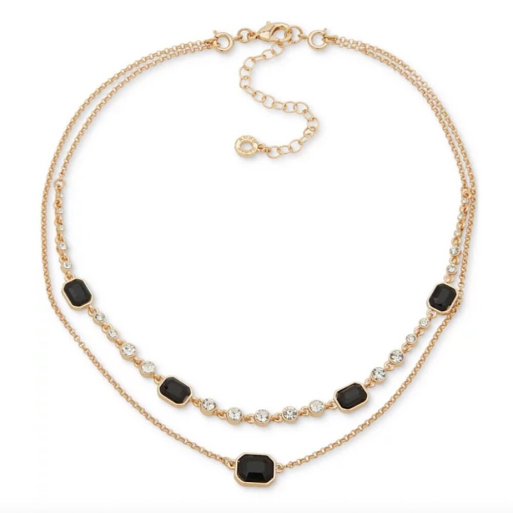 Anne Klein Gold Tone Jet Stone & Crystal Layered Necklace